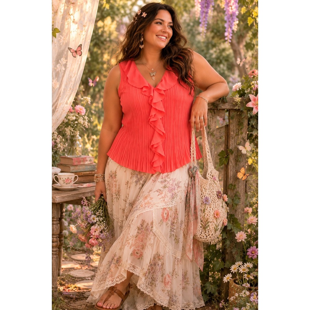 Studio 1940 Y2K Pleated Ruffle Blouse XL Coral Sleeveless Coquette Fairycore